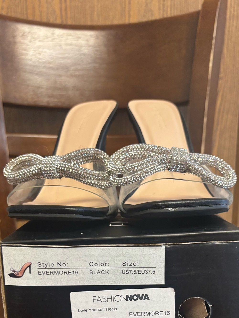 Fashion Nova Black Rhinestone Knot Slide Heels
